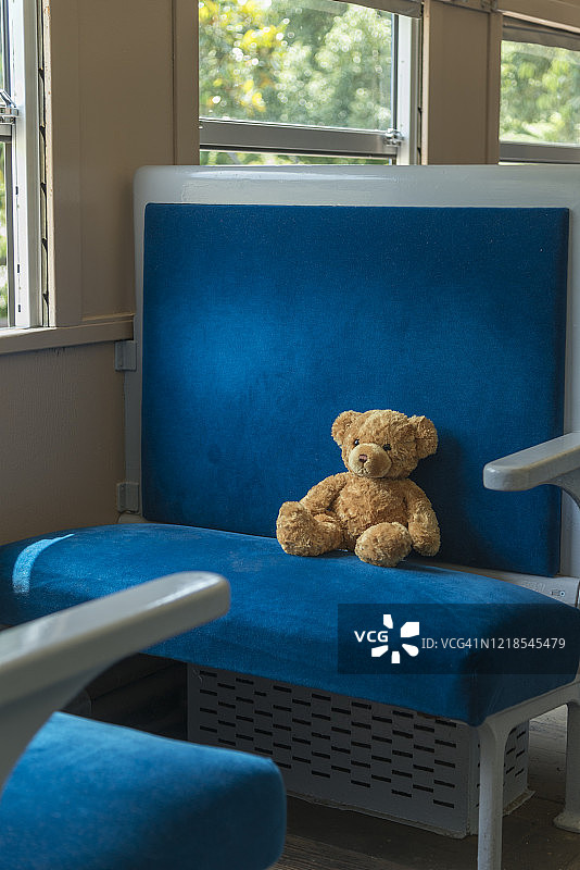 坐在火车座位上的泰迪熊图片素材