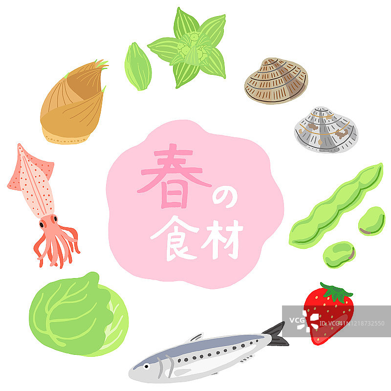 日本春季蔬菜和鱼类装饰圆框，手写文字：春季食材图片素材