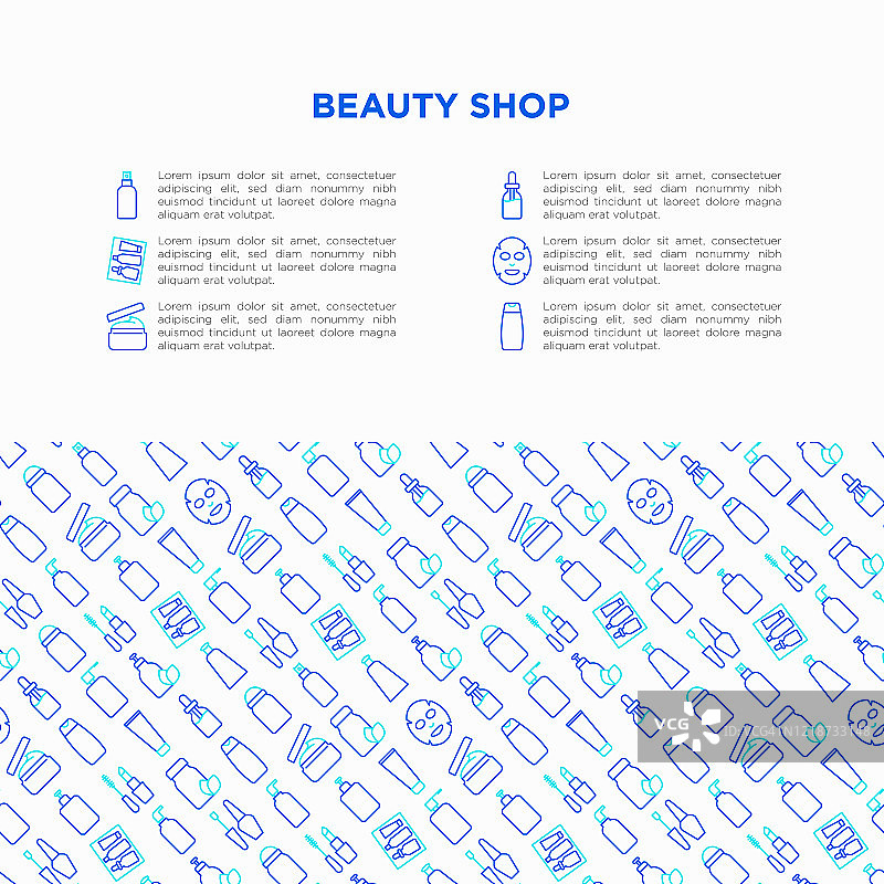 美容店概念细线图标：护肤、面霜、凝胶、有机化妆品、化妆、洗手液、美甲、美容盒、除臭剂、面部精油、洗发水、面膜。现代矢量插图图片素材