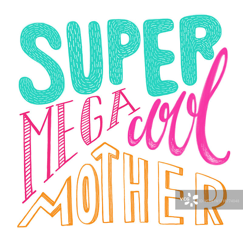 手绘黄色、粉色、蓝色字母 - 超级，酷妈，母亲节贺卡横幅，白色背景图片素材