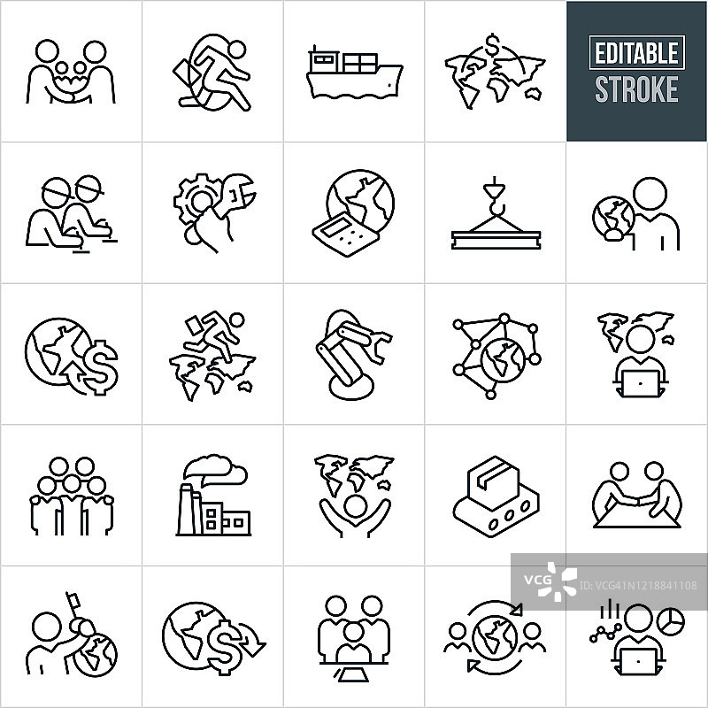 全球经济细线图标 - 可编辑笔画图片素材