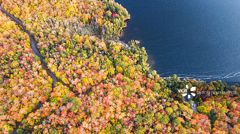 色彩鲜艳的秋季森林和蓝色湖泊航拍无人机景观图片素材