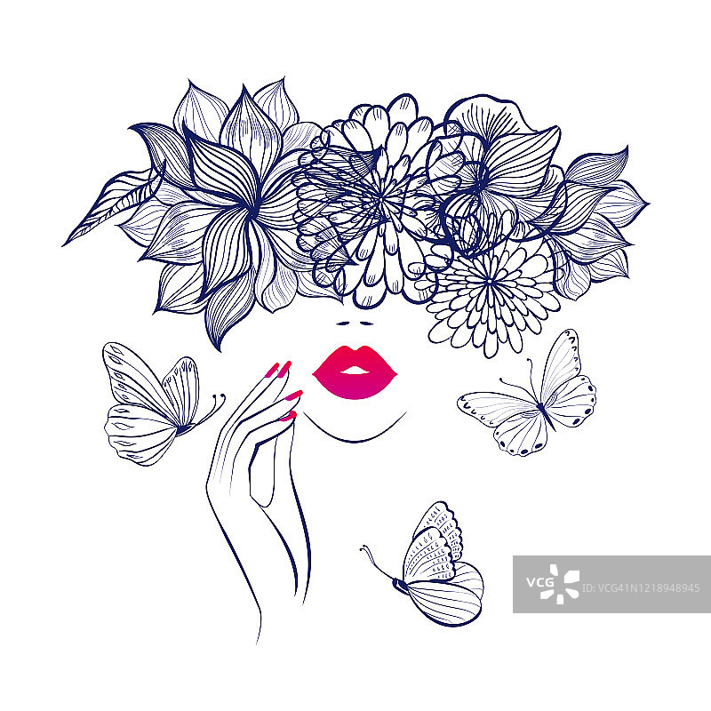 红唇美妆女性面部特写，红色美甲。美容Logo。矢量插画，头饰花朵蝴蝶，花卉图案，抽象花朵，水疗沙龙标志，美甲工作室图片素材