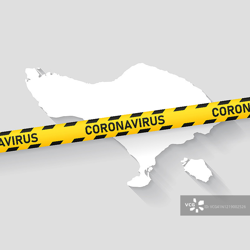 带有新冠病毒警戒带的巴厘岛地图：新冠疫情爆发图片素材