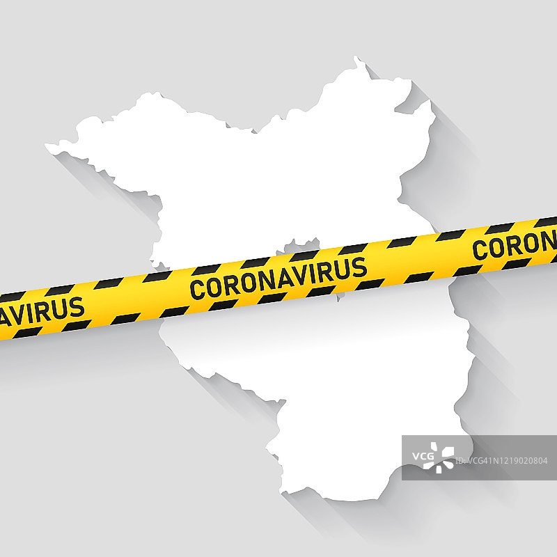 带有新冠病毒警戒带的勃兰登堡地图。新冠疫情爆发图片素材