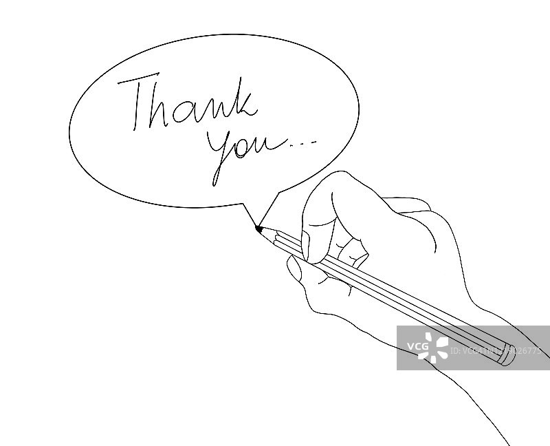 手持铅笔绘制带有“谢谢你”字样的对话气泡图片素材