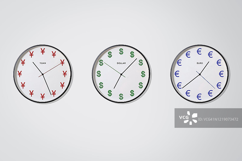 带有人民币、美元、欧元符号的时钟/时间就是金钱/世界债务危机时间图片素材