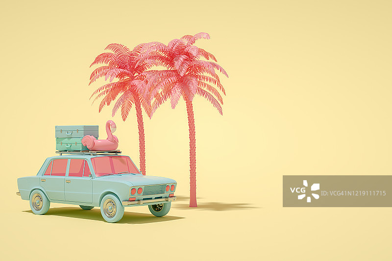 3D汽车和行李，极简夏日旅行概念图片素材