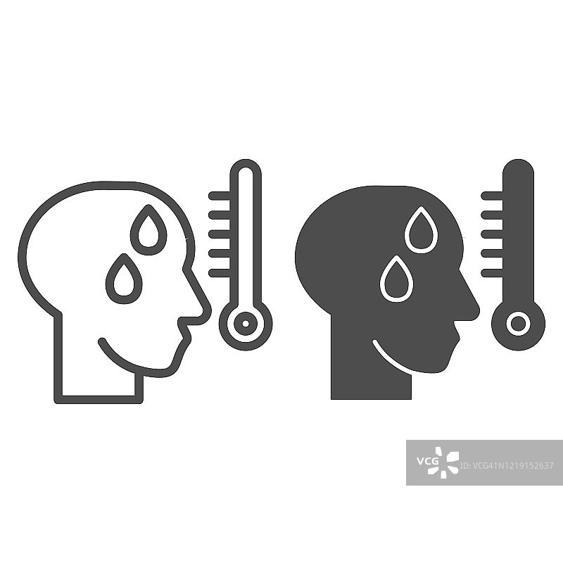 发烧线和实体图标。温度计上高温的人头轮廓，白色背景。移动概念和网页设计的19症状矢量图形。图片素材
