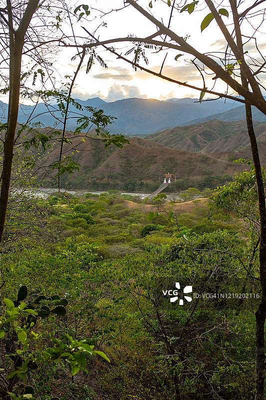 大量的植被、树木、山脉，远处是考卡河上连接圣菲市和奥拉亚市的悬索桥图片素材