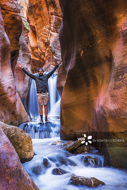 徒步穿越犹他州红色岩石峡谷瀑布图片素材