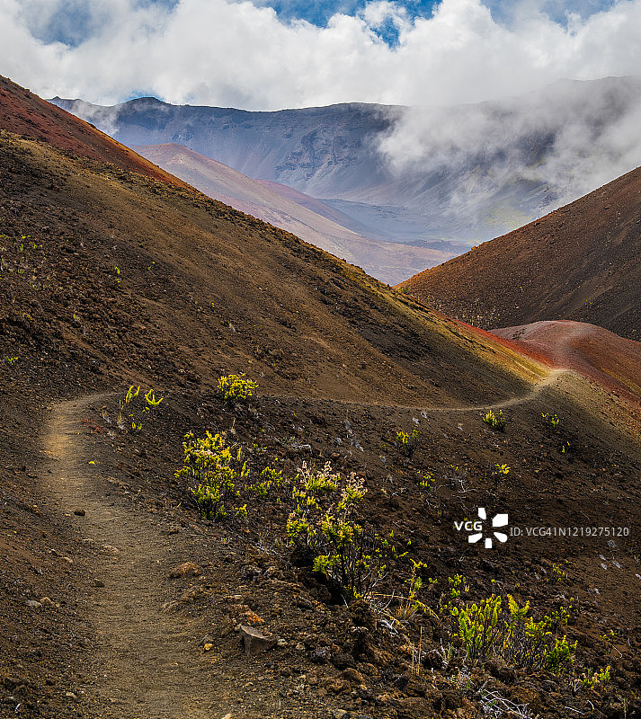 哈莱阿卡拉国家公园休眠火山的火星景观中的蜿蜒小径图片素材