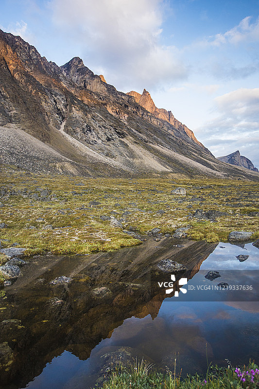 巴芬岛阿克夏亚克山口山脉上的暮光倒影图片素材
