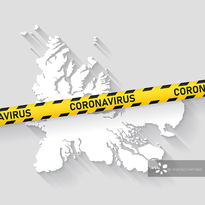 凯尔盖朗群岛地图与新型冠状病毒警示胶带，新冠疫情爆发图片素材