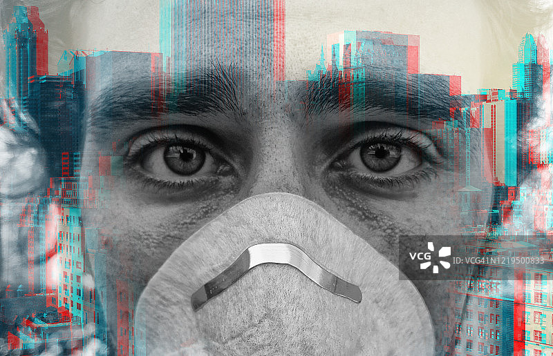 佩戴口罩的年轻男子与纽约市天际线的双重曝光肖像照图片素材