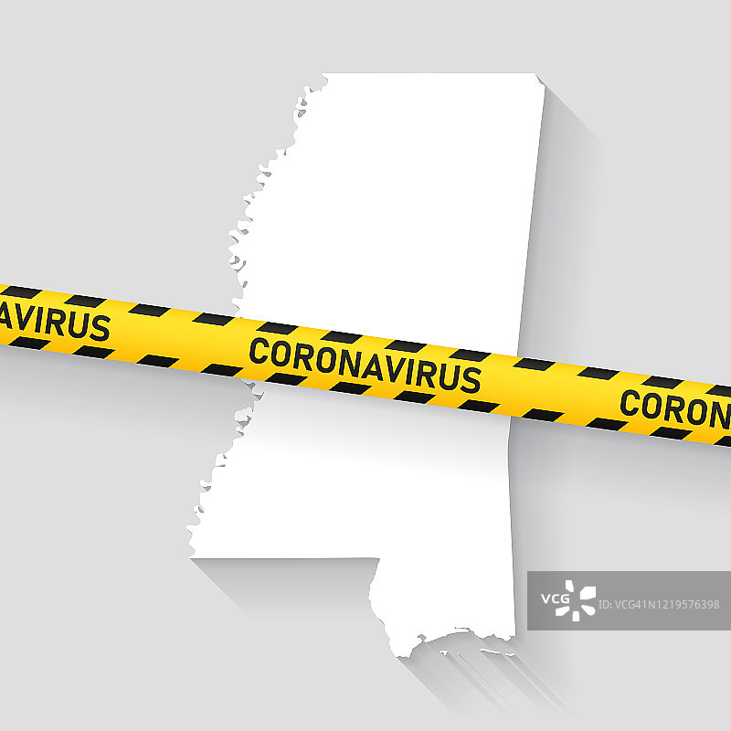 带有新型冠状病毒警戒带的密西西比州地图，新冠疫情爆发图片素材
