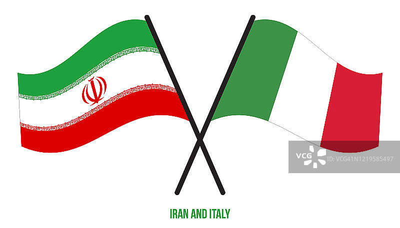 伊朗和意大利国旗交叉飘扬扁平风格素材。官方比例。正确的颜色图片素材