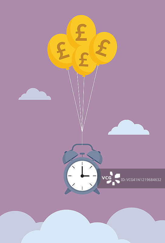 英镑硬币气球载着时钟漂浮在空中图片素材
