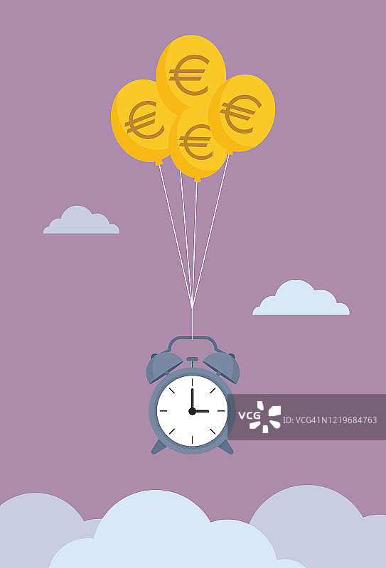 欧元硬币气球托起天空中的时钟图片素材