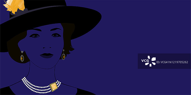 戴珍珠项链宽边帽的中年妇女复古肖像图片素材