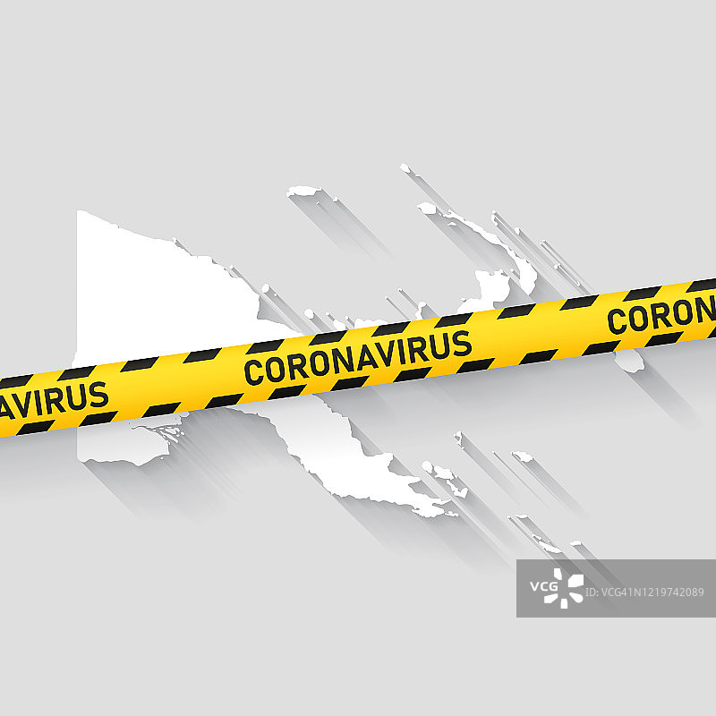 带有新型冠状病毒警戒带的巴布亚新几内亚地图。新冠疫情爆发图片素材