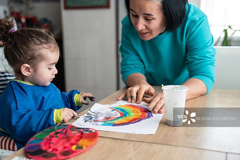 疫情隔离期间母女一起画彩虹图片素材