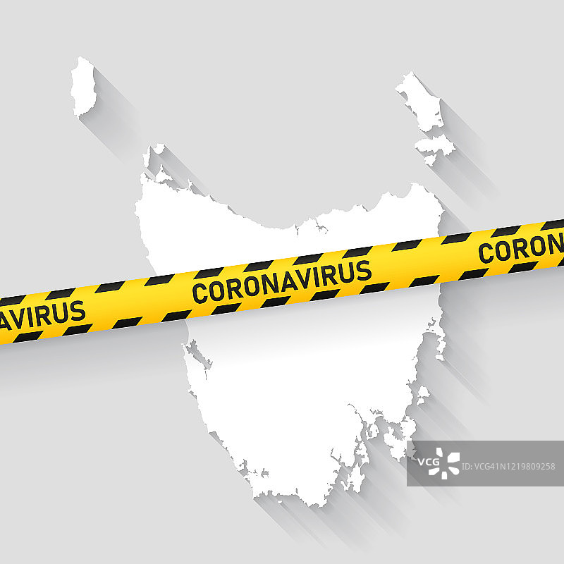 带有新冠病毒警戒带的塔斯马尼亚地图，新冠疫情图片素材