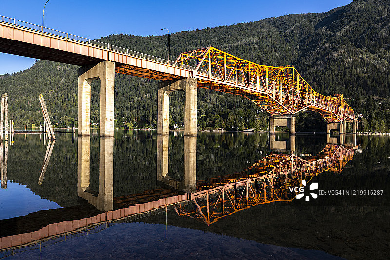 加拿大BC省纳尔逊市库特尼湖上的橙色大桥图片素材