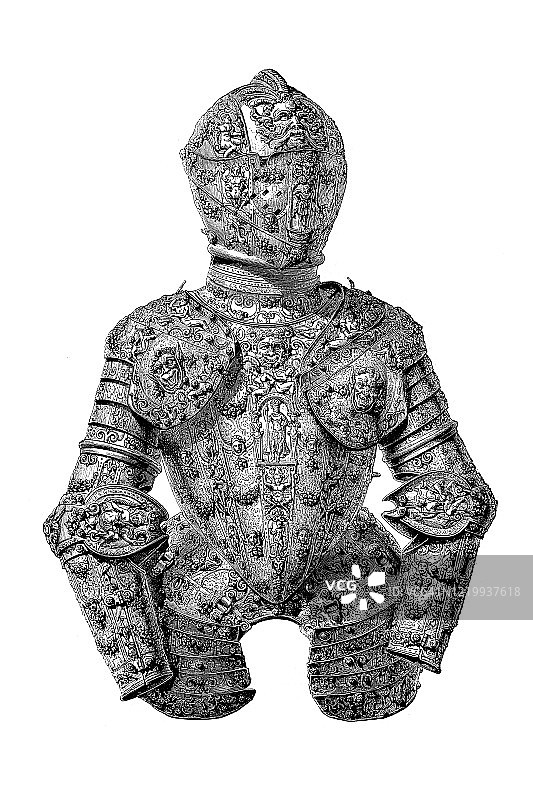 菲利普三世儿童盔甲，雕刻浮雕镀金钢图片素材
