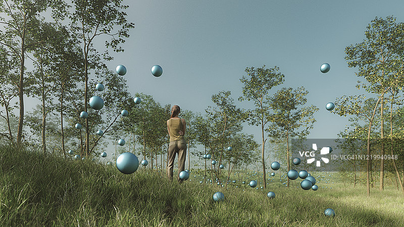 奇幻森林中的女人和飞行球体图片素材