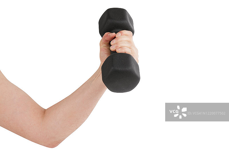 手持黑色哑铃，白色背景图片素材