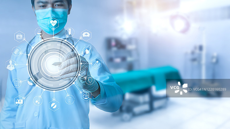 未来主义创新冠状病毒AI数据技术信息图。医院实验室分析新冠病毒治疗方案图片素材