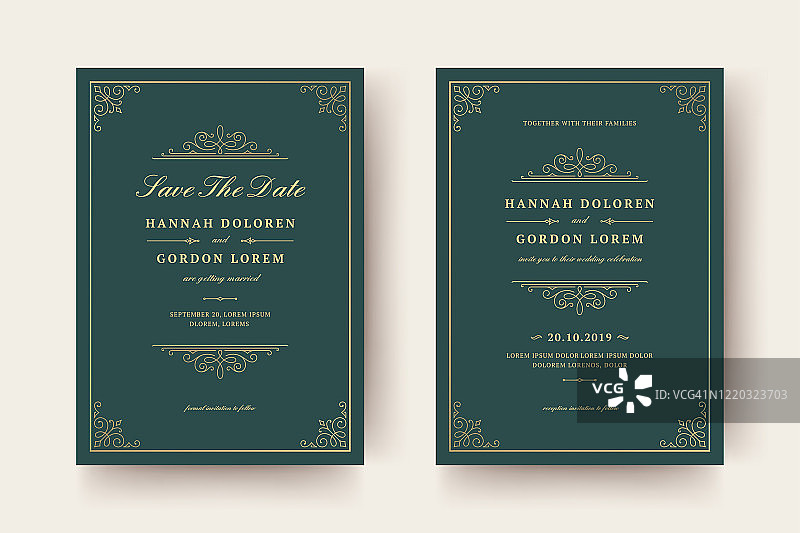 带有花纹装饰的婚礼邀请函和“保存日期”卡片图片素材