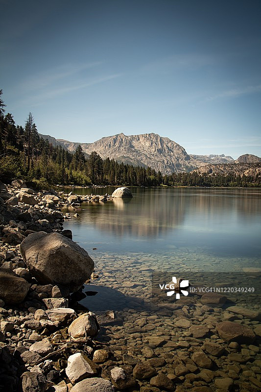 美国加利福尼亚州莫诺县六月湖的山景倒影图片素材