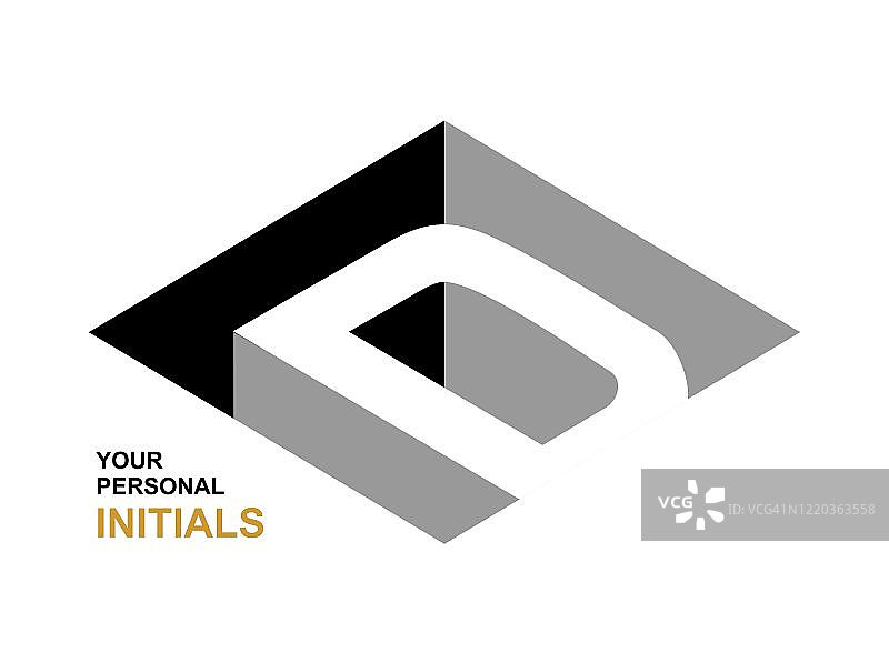 2.5D字母D，用于创建标志、会标的模板，黑白3D艺术符号，矢量图图片素材