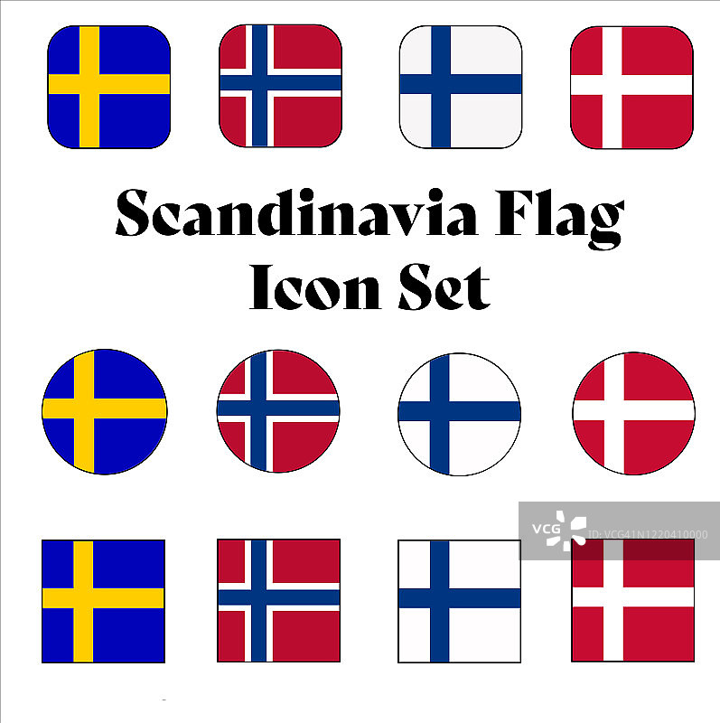 斯堪的纳维亚旗帜按钮：瑞典、丹麦、芬兰和挪威圆形及方形欧洲按钮图片素材