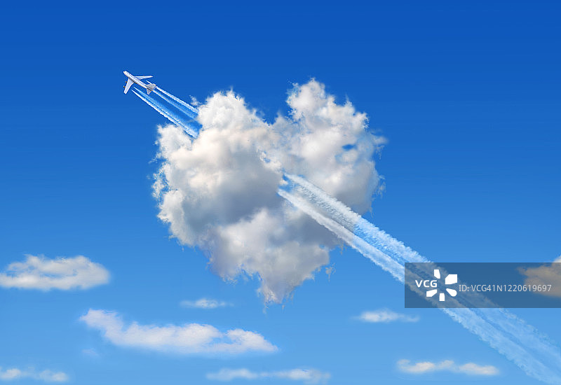 飞过心形云朵的飞机插画图片素材