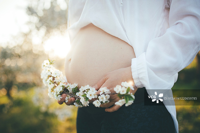 孕妇在白色花丛中抚摸裸露的腹部图片素材