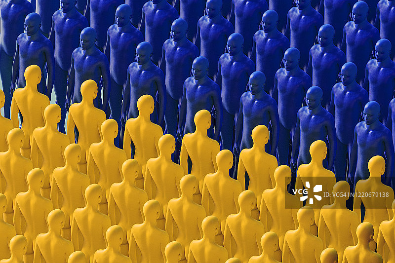 蓝色人偶与黄色人偶相对而立图片素材