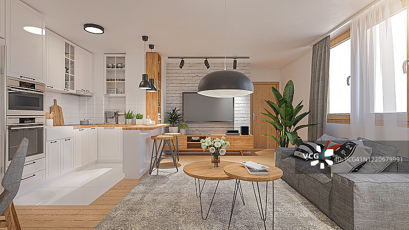 现代公寓客厅和厨房的宽视角渲染图图片素材
