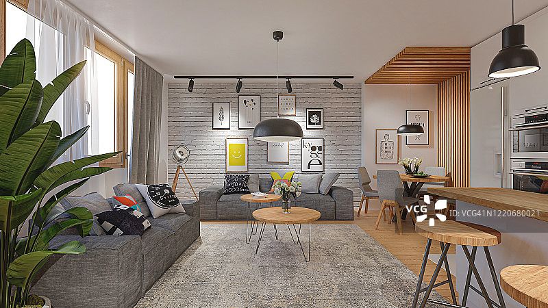 现代公寓的渲染图像，连接的客厅和厨房图片素材