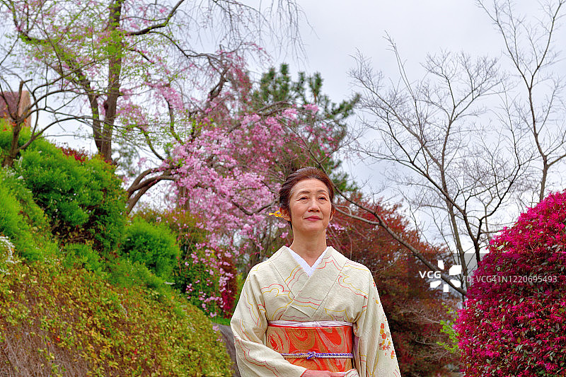 穿和服在京都鸭川欣赏樱花的日本女人图片素材