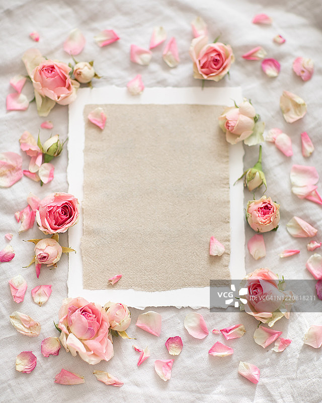 粉色玫瑰灰色背景花卉图案，平铺顶视图，创意母亲节婚礼贺卡图片素材