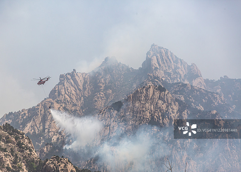 直升机向森林火灾区洒水图片素材