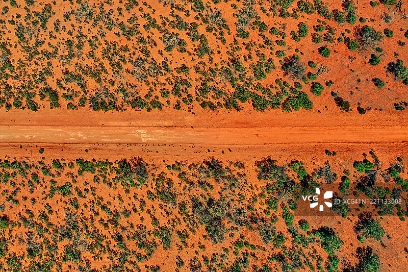 澳大利亚内陆的红色土路和树木（航拍视角）图片素材