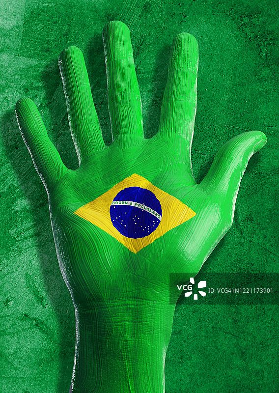 彩色背景上手绘巴西国旗的张开的手掌图片素材