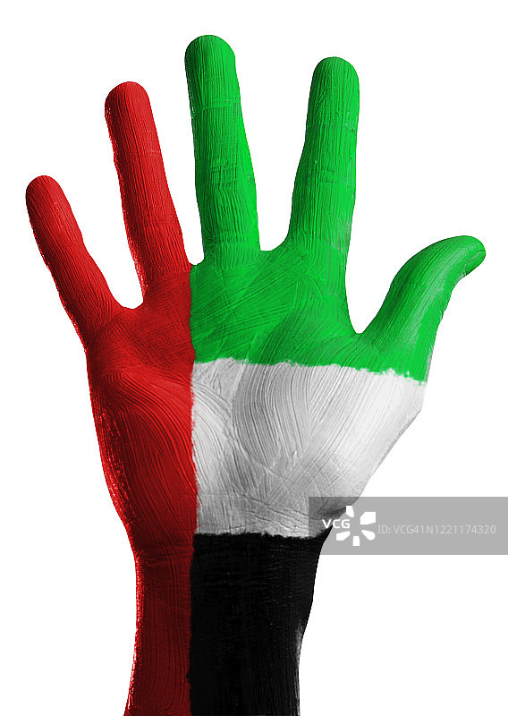 在白色背景上手掌上绘有阿拉伯联合酋长国国旗图片素材