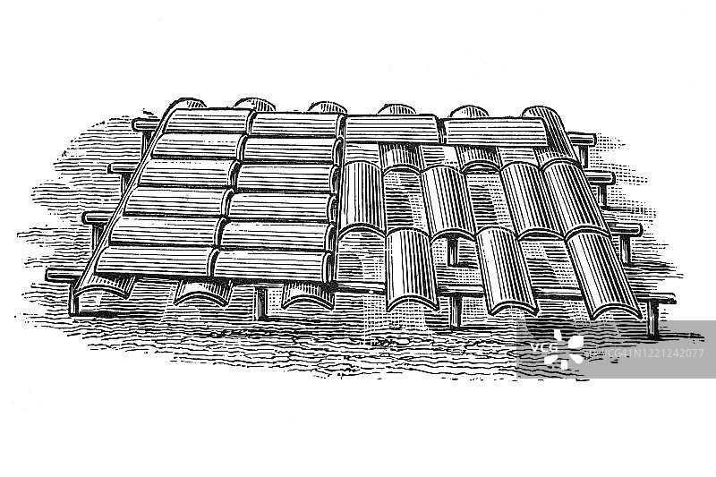 养鱼业，鱼类养殖 - 用于牡蛎养殖的瓷砖，古董插图，1894年出版的流行百科全书，此艺术品的版权已过期图片素材