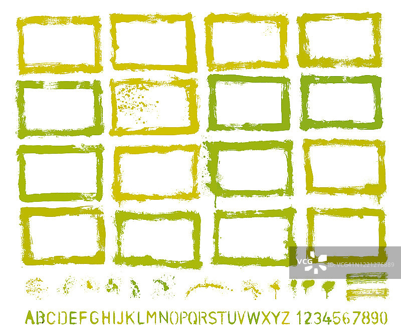 手绘设计师元素集。边框、飞溅、字母图片素材