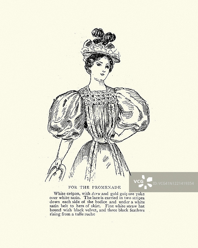 1890年代维多利亚时代女性时装，穿着适合散步的女人图片素材